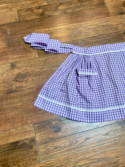 Vintage Lilac & Periwinkle Gingham Half Apron with Lace Detail