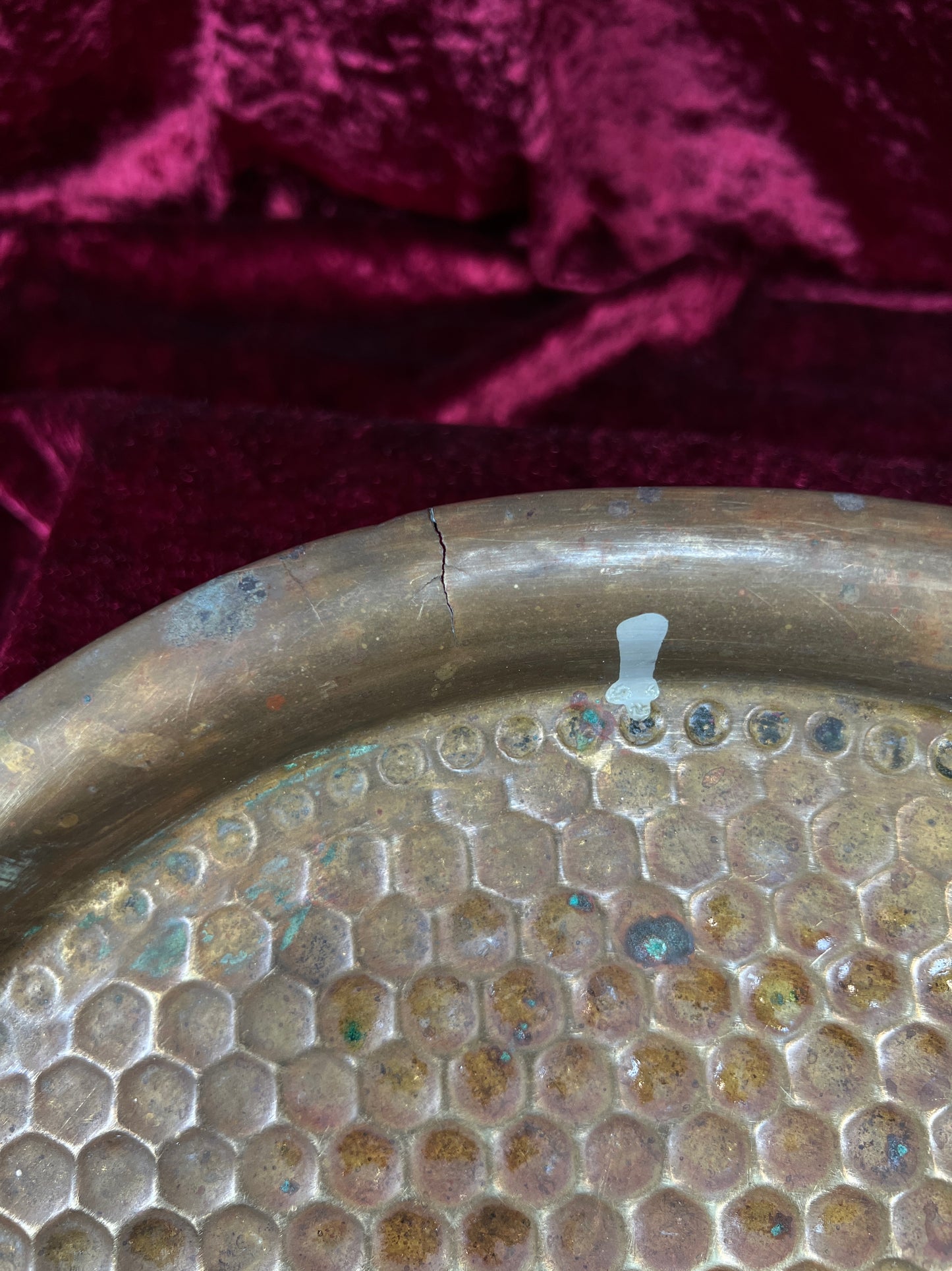 Vintage Brass Tray - Hammered Honeycomb Pattern Round Serving Platter