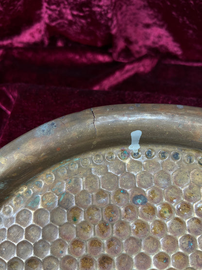 Vintage Brass Tray - Hammered Honeycomb Pattern Round Serving Platter