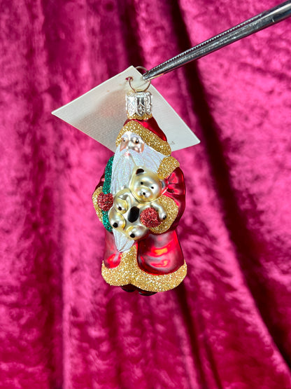 Vintage Christmas - Handblown Glass Ornament - Santa Claus and Teddy Bear - Patricia Breen - Poland