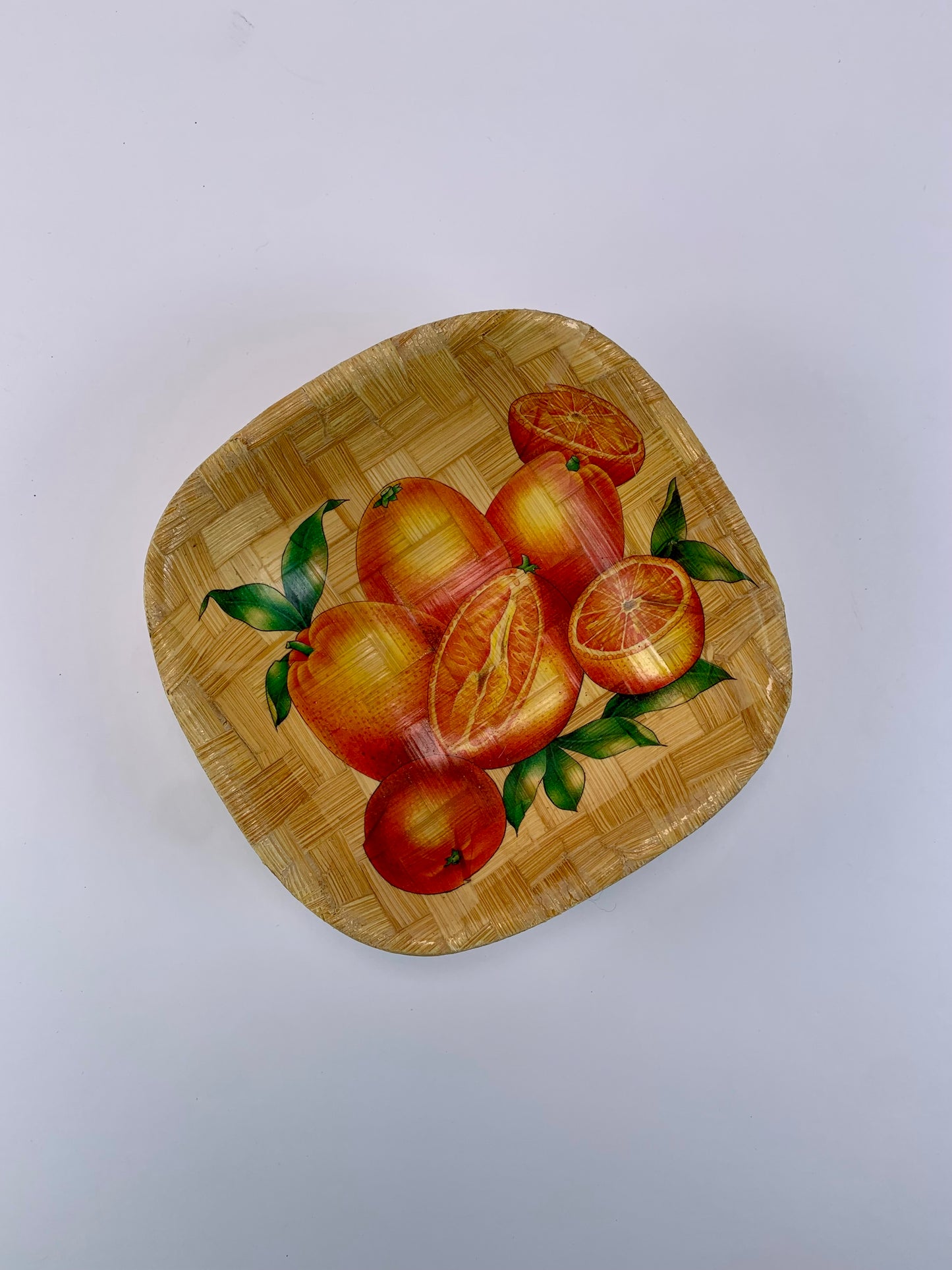 Vintage Woven Bamboo Bowl - Orange Fruits Bright Retro Pattern