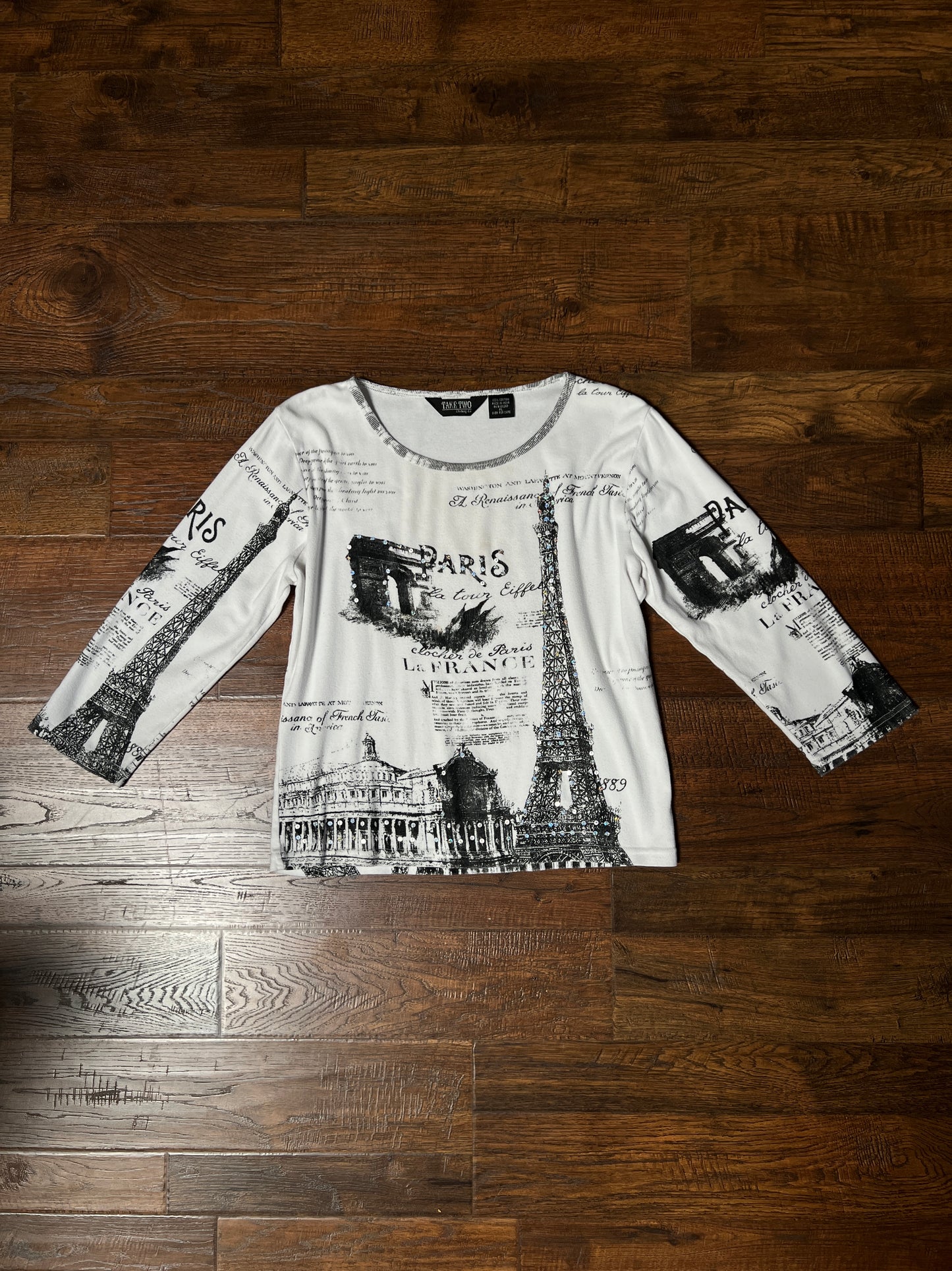 Vintage Take Two Cotton Graphic Top — Paris Eiffel Tower Sequin Print - Size Large