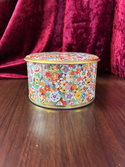 Vintage Kitchen - Metal Candy Tin - Bright Groovy Florals on Gold - Daher - Made In England