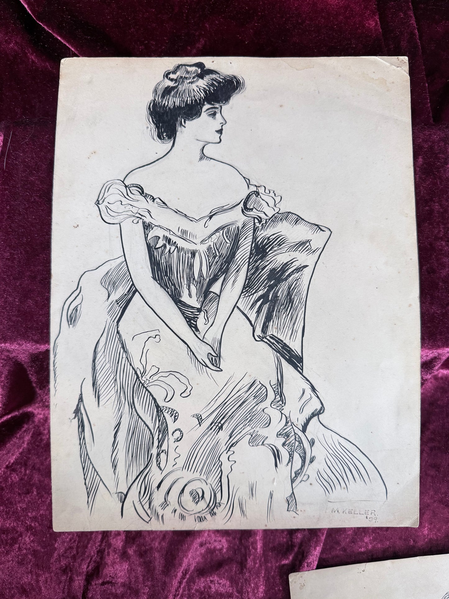 Antique Original Pen and Ink Illustration - Edwardian Gibson Girl Seated Portrait Signed 1909