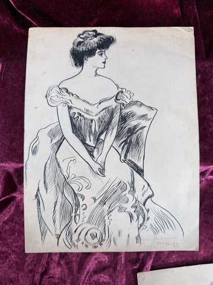 Antique Original Pen and Ink Illustration - Edwardian Gibson Girl Seated Portrait Signed 1909
