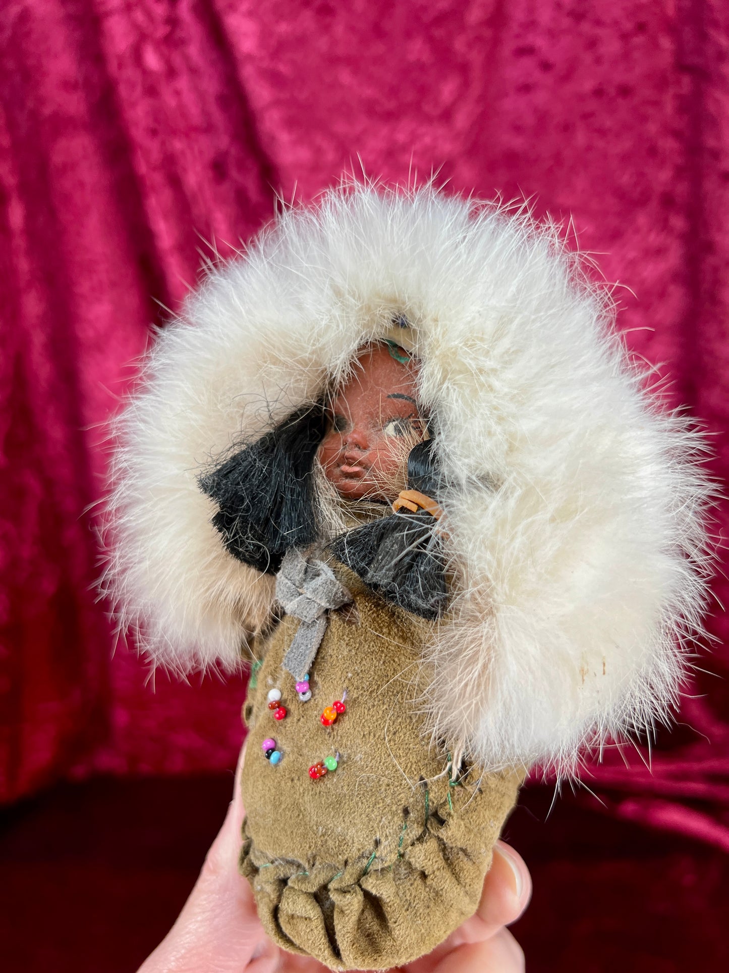 Vintage Souvenir Doll – Baby In Leather Moccasin with Rabbit Fur Trim