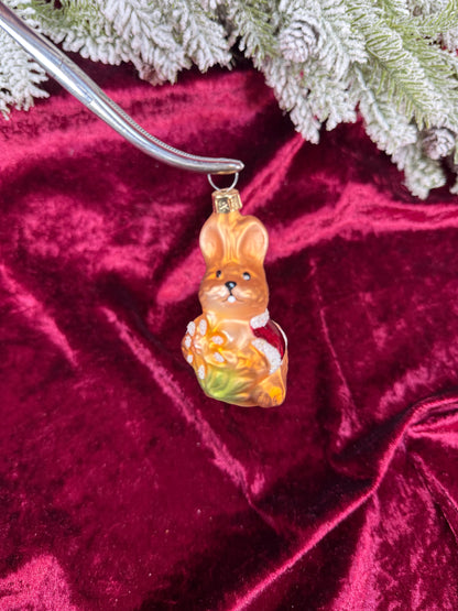 Vintage Christmas - Handblown Glass Ornament - Santa Bunny Holding A Flower - Czech Republic