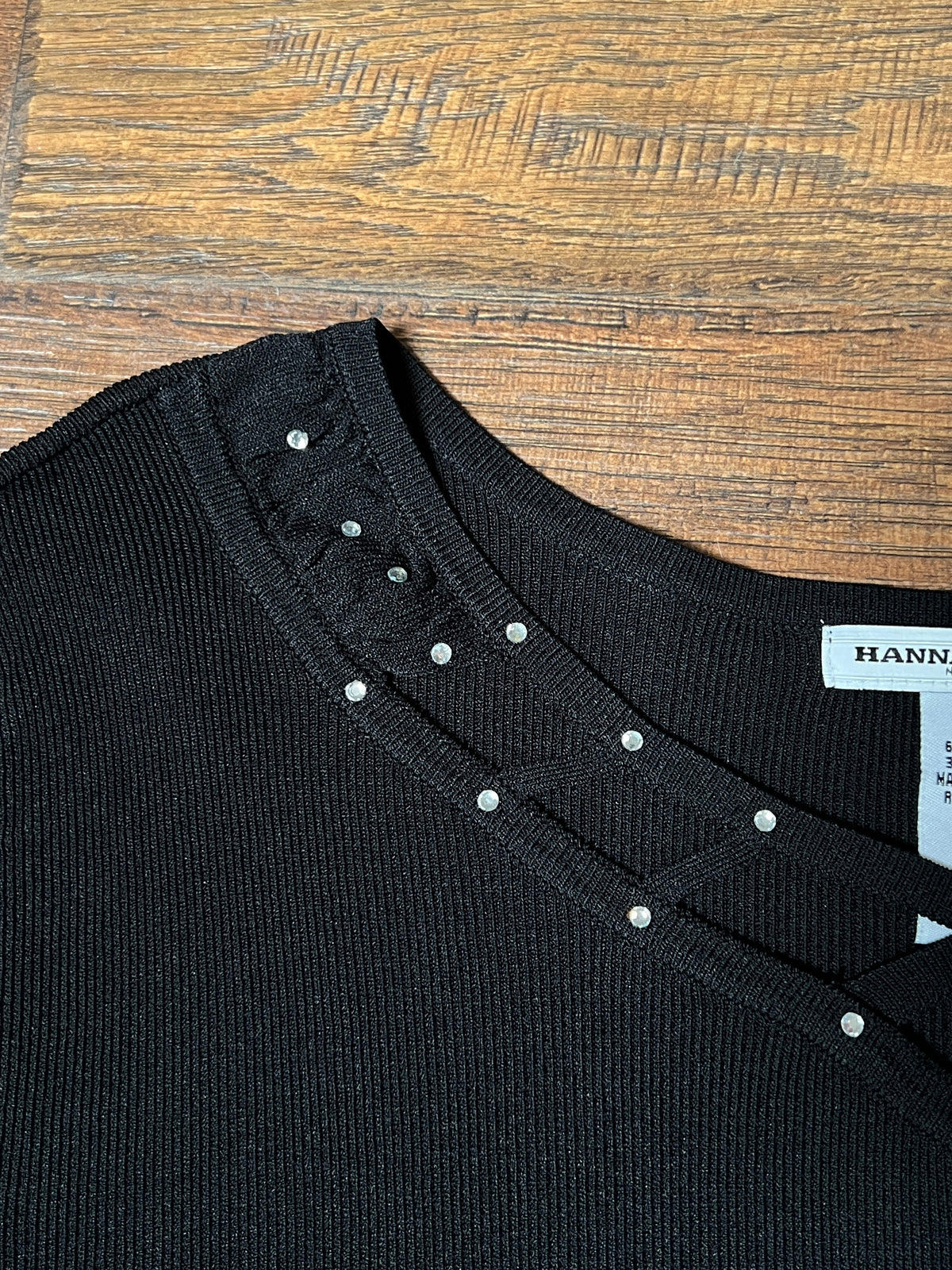 Vintage Hannah Jones Knit Top - Black Rhinestone Lattice Neckline - Medium