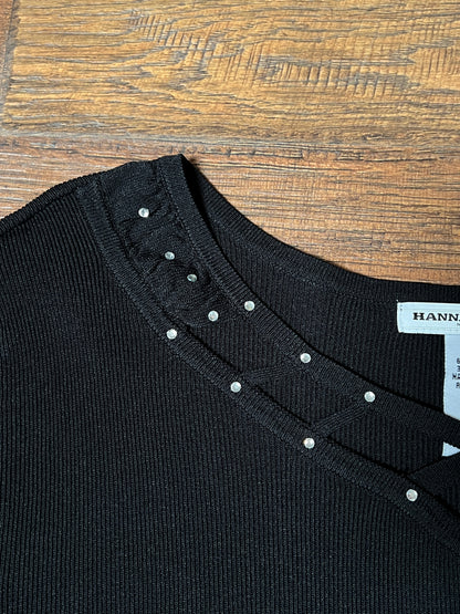 Vintage Hannah Jones Knit Top - Black Rhinestone Lattice Neckline - Medium
