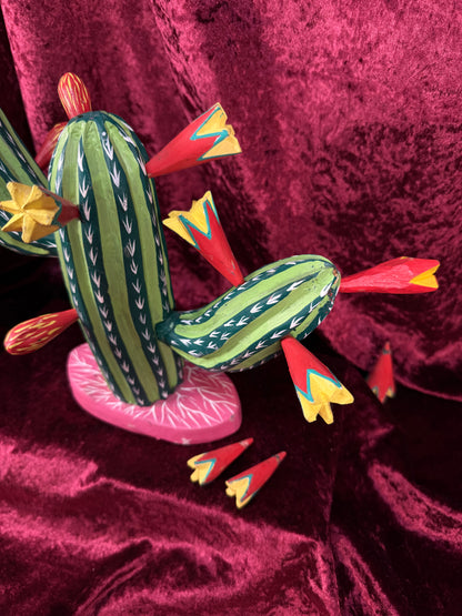 Vintage Wood Alebrije Flowering Saguaro Cactus – Hand Painted Mexican Folk Art - Ignacio Ojeda