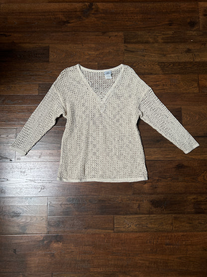 Vintage David Wayne Cotton Crochet Sweater – Ivory Open Knit Floral V-Neck – Medium