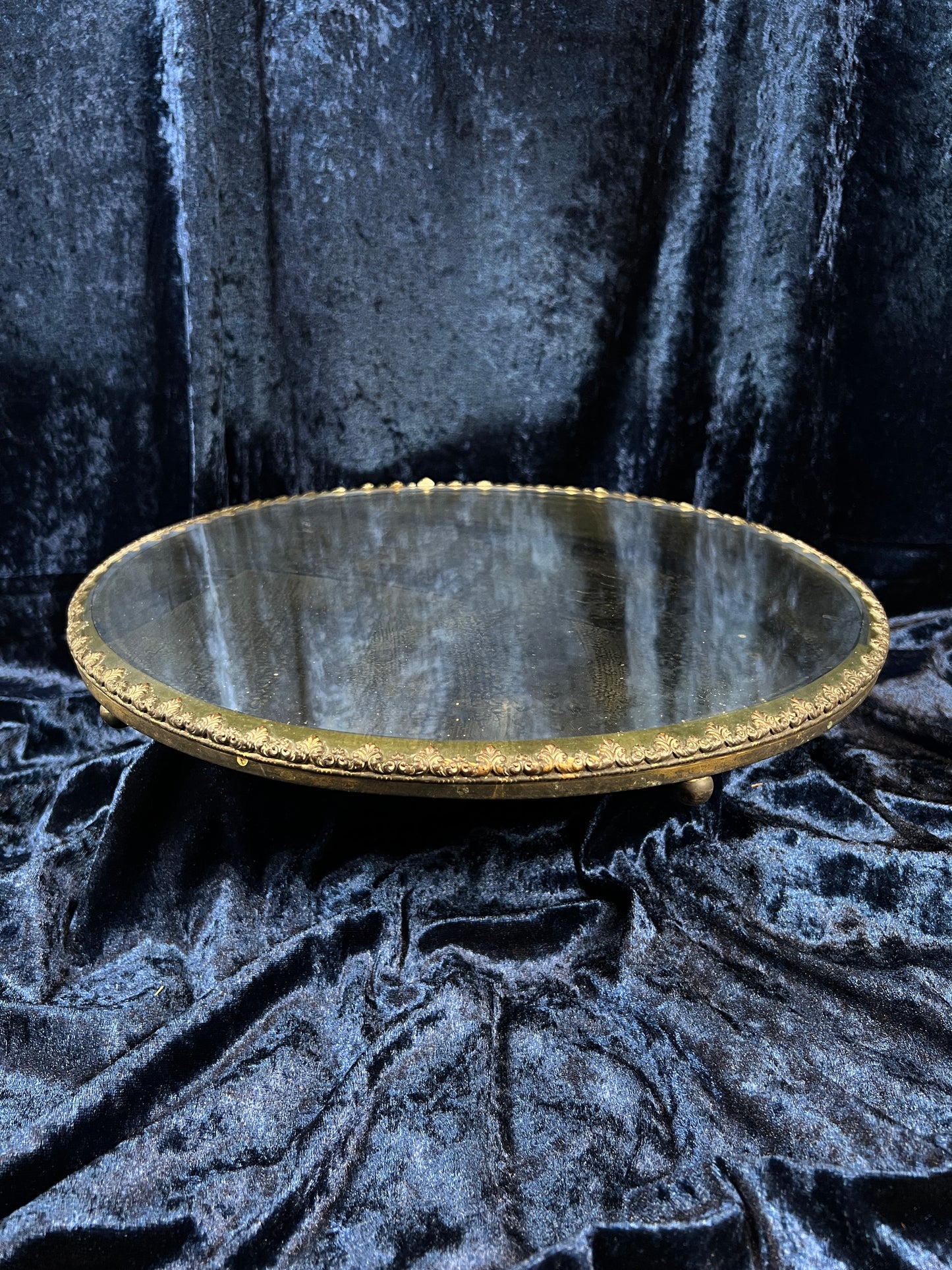 Antique Silver Plate Plateau Mirror - Ornate Beveled Glass Footed Vanity Tray