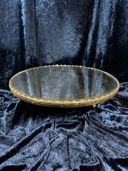 Antique Silver Plate Plateau Mirror - Ornate Beveled Glass Footed Vanity Tray