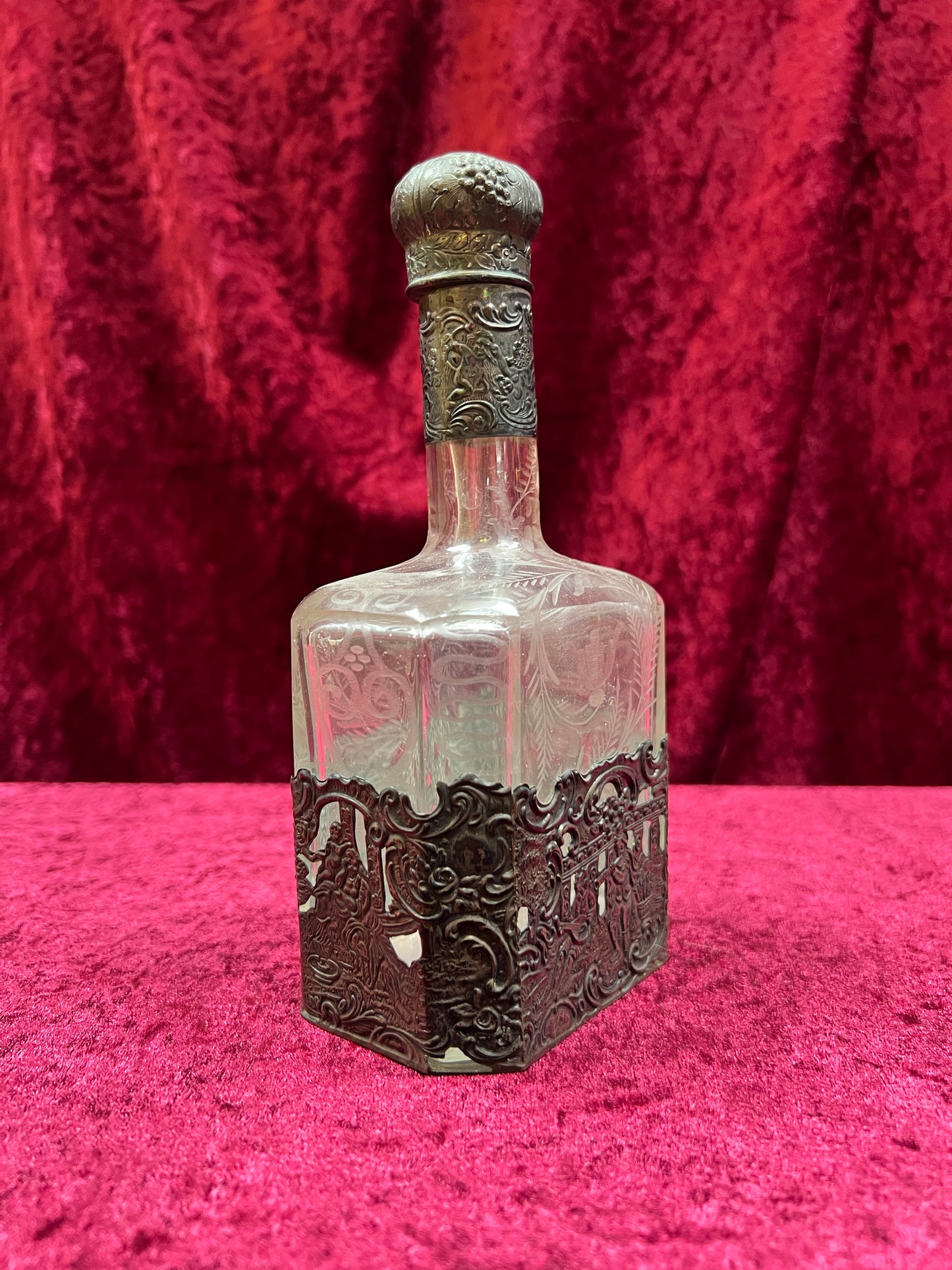 Vintage Barware - Antique 18th Century Etched Glass Decanter - Silver Repousse - German