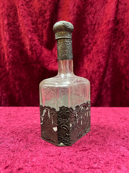 Vintage Barware - Antique 18th Century Etched Glass Decanter - Silver Repousse - German
