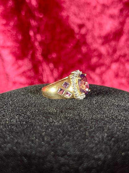 Vintage 14K Yellow Gold Ring – Faceted Amethyst in Cubic Zirconia Halo Setting - ESX - Size 7