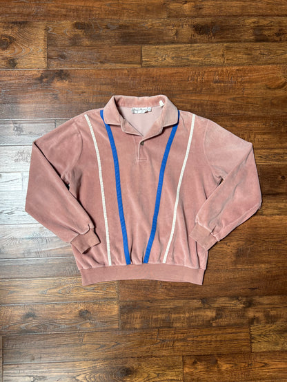 Vintage Clothing - Long Sleeve Velour Polo - Light Pink with Double Stripes - Bruce Hunt Made In U.S.A - Large