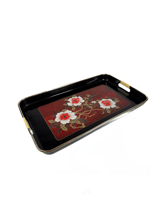 Vintage Serving Tray - Japanese Lacquerware - Red Floral Print with Gold Detail