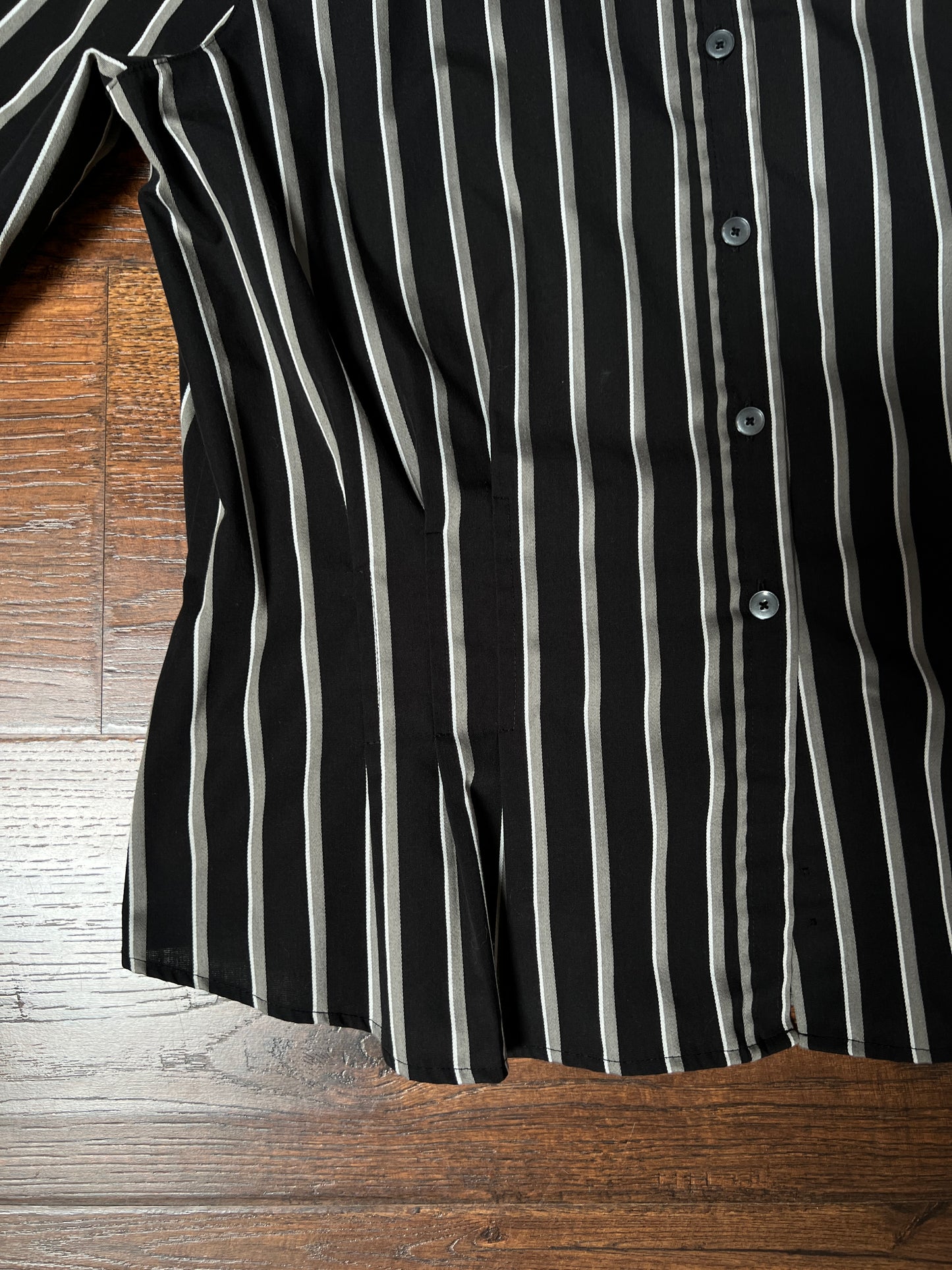 Vintage Foxcroft Fitted Blouse - Black Grey Striped Pleated Waist - Size Large