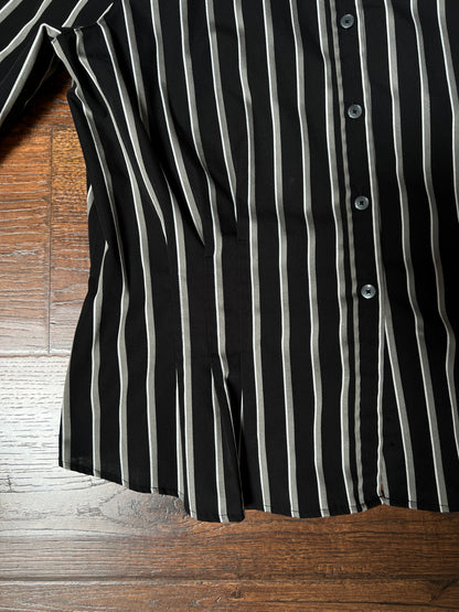 Vintage Foxcroft Fitted Blouse - Black Grey Striped Pleated Waist - Size Large