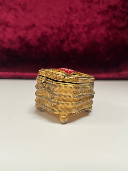 Vintage Trinket Box - Footed Ring Box - Red Leaf Lid - Brass Curved Design