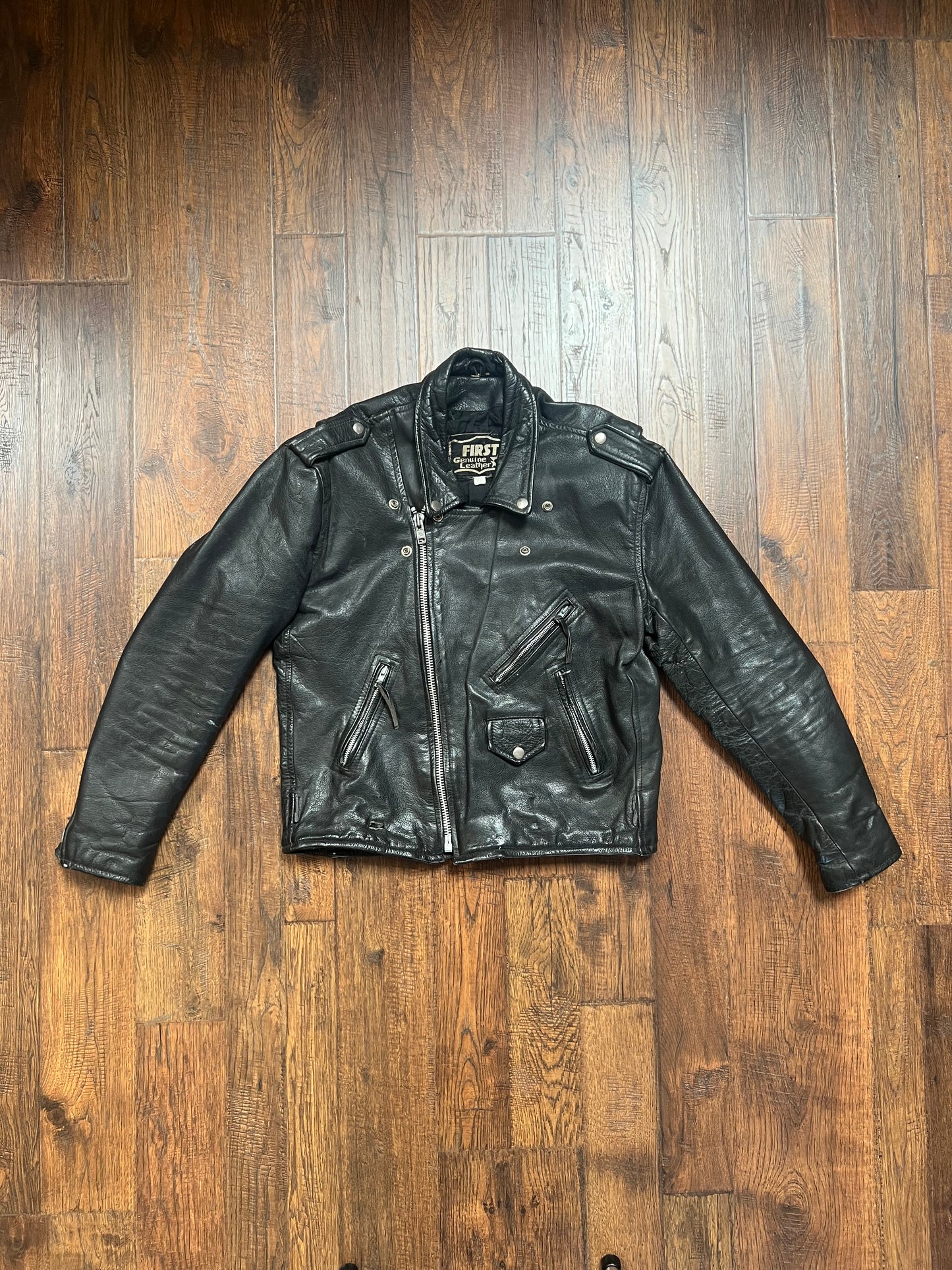 Vintage Clothing - Biker Jacket - First Genuine Leather - Black with Silver Hardware - Large