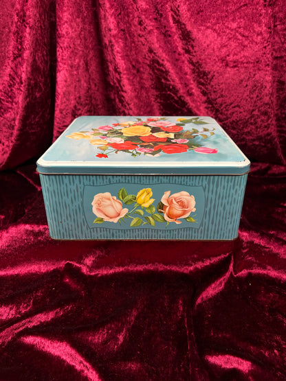 Vintage Metal Tin Box - 1970s Rose Bouquet Floral Keepsake Storage - William Crawford & Sons