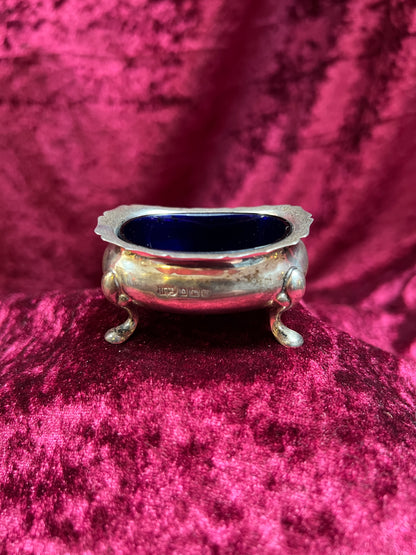 Vintage Kitchen - Footed Salt Cellar with Cobalt Blue Glass Insert - Sterling Silver - Hardy Bros - England