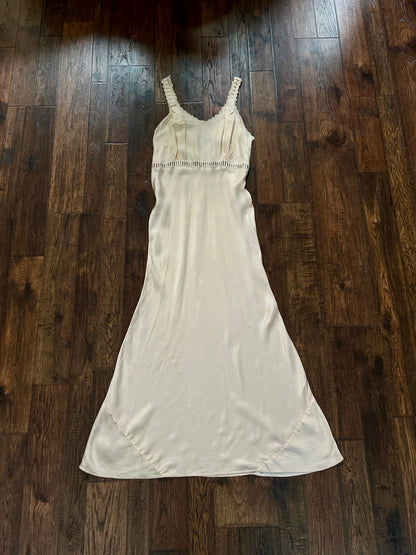 Vintage 1940s Slip Dress Nightgown - Baby Pink Satin Bias Cut with Lace Trim - Small