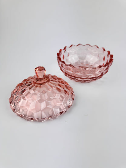 Vintage Whitehall Cubist Pattern Pink Glass Candy Dish with Lid