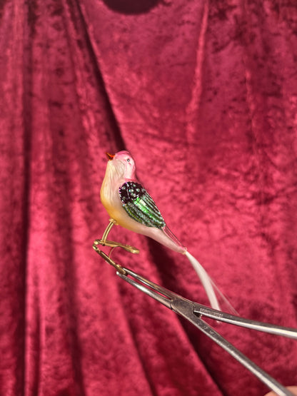 Vintage Christmas - Handblown Glass Clip On Ornament - Pink and Green Bird with Nylon Hair Tail