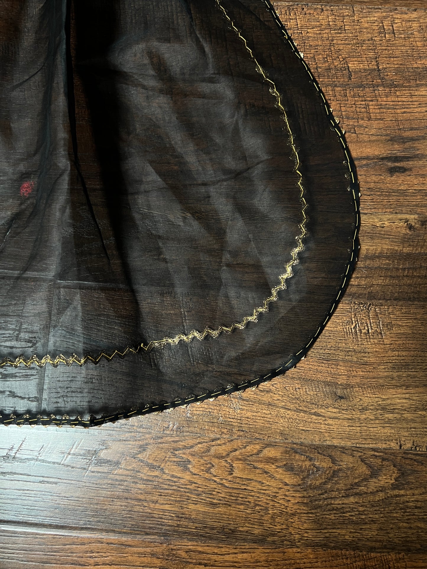 Vintage Mid Century Sheer Black Half Apron — Hand Painted Martini Cigarette with Gold Trim