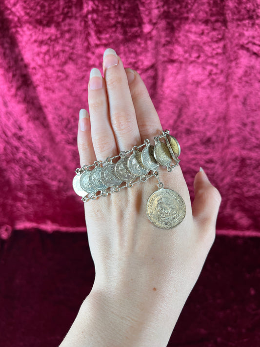 Vintage Jewelry - Coin Bracelet - Silver - Mexican Centavos - 7"