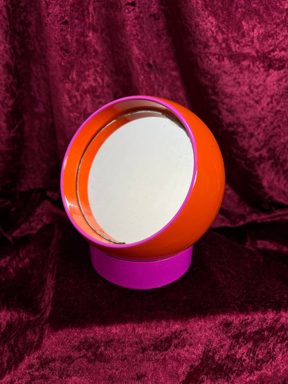 Vintage Plastic Ball Vanity Mirror - Mod Space Age Orange Pink Swivel - Japan