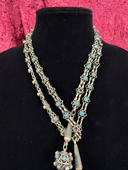 Vintage Tribal Statement Necklace – Turquoise Accent Jhumka Tassel Adornment