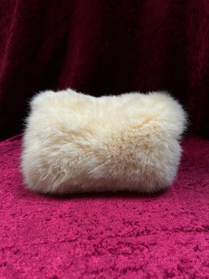 Vintage Real Rabbit Fur Hand Muff - Ivory Plush Hand Warmer with Shoulder Strap