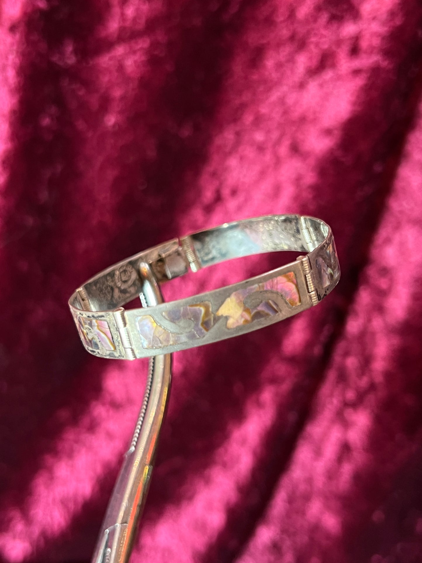 Vintage Jewelry - Bangle Bracelet - Sterling Silver - Inlaid Abalone Shell Panels - Mexico