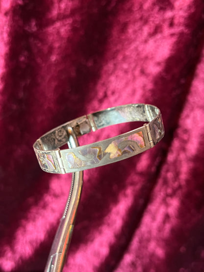 Vintage Jewelry - Bangle Bracelet - Sterling Silver - Inlaid Abalone Shell Panels - Mexico