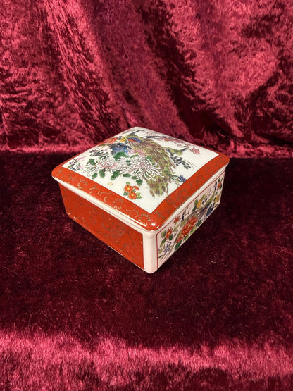 Vintage Ceramic Trinket Box – Peacocks In The Flower Garden - Lidded - Made In Japan