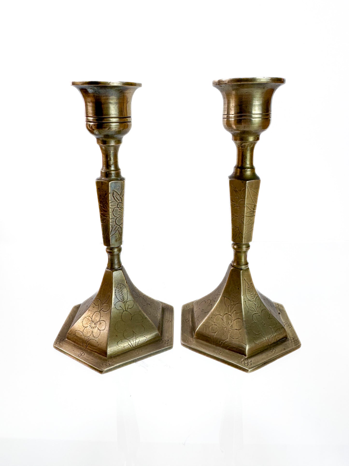 Vintage Brass Candlesticks - Etched Floral Design - Pair of Two