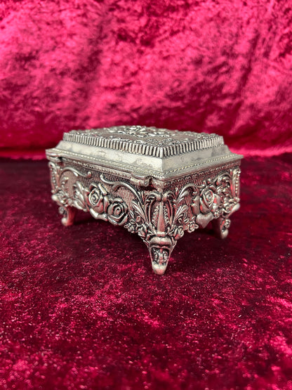 Vintage Vanity - Jewelry Box - Ornate Silver Rose Filigree - Black Velvet Lining - Footed