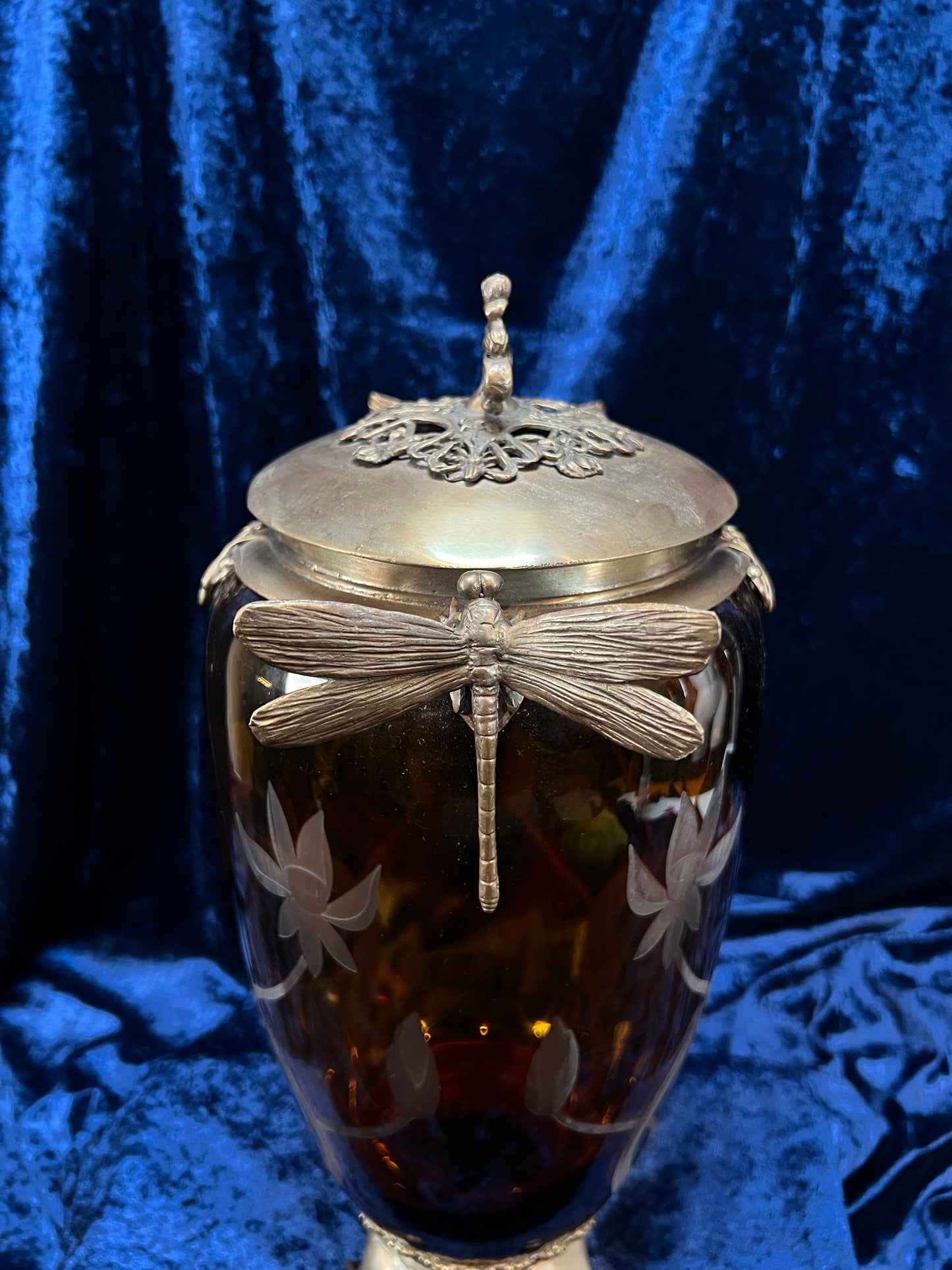 Vintage Art Nouveau Revival Opium Jar - Etched Poppies on Amber Glass - Castilian Poland