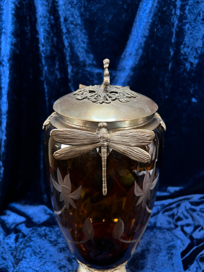 Vintage Art Nouveau Revival Opium Jar - Etched Poppies on Amber Glass - Castilian Poland