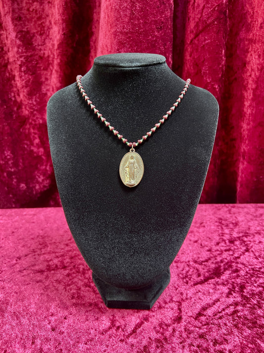 Vintage Metal Medallion Necklace – Miraculous Medal Beaded Rosary Style - 14"