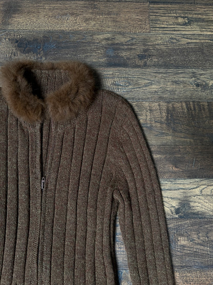 Vintage Inca Fashions Knit Sweater — Baby Alpaca Fur Collar Zip Front - Size Small