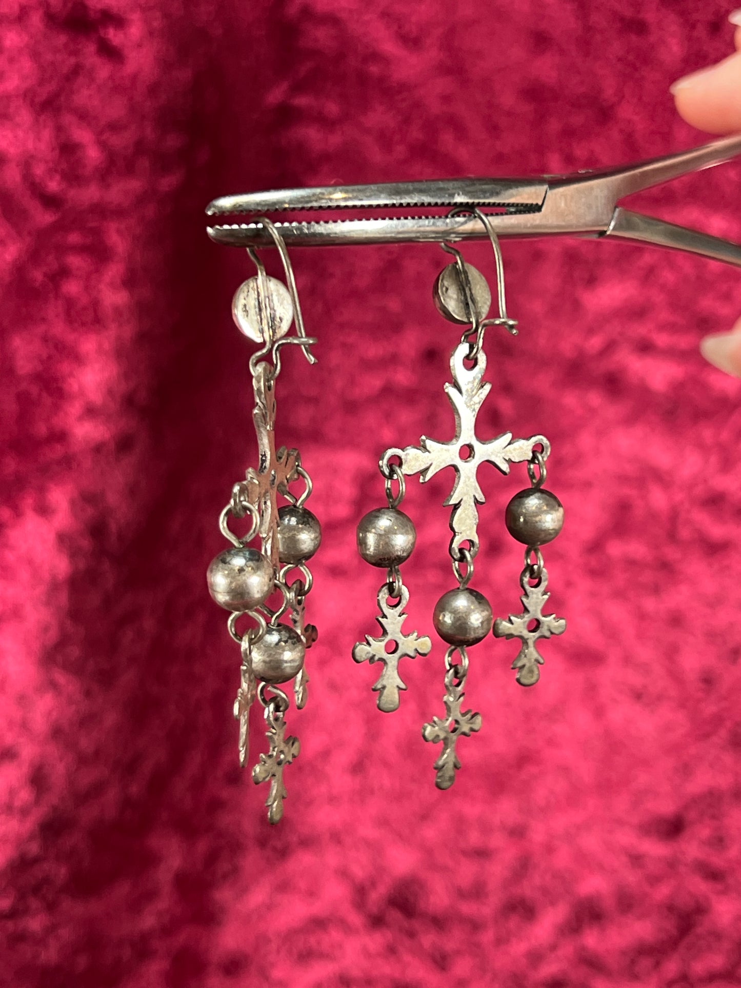 Vintage Jewelry - Dangle / Drop Earrings - 925 Silver - Ornate Crosses on Censers