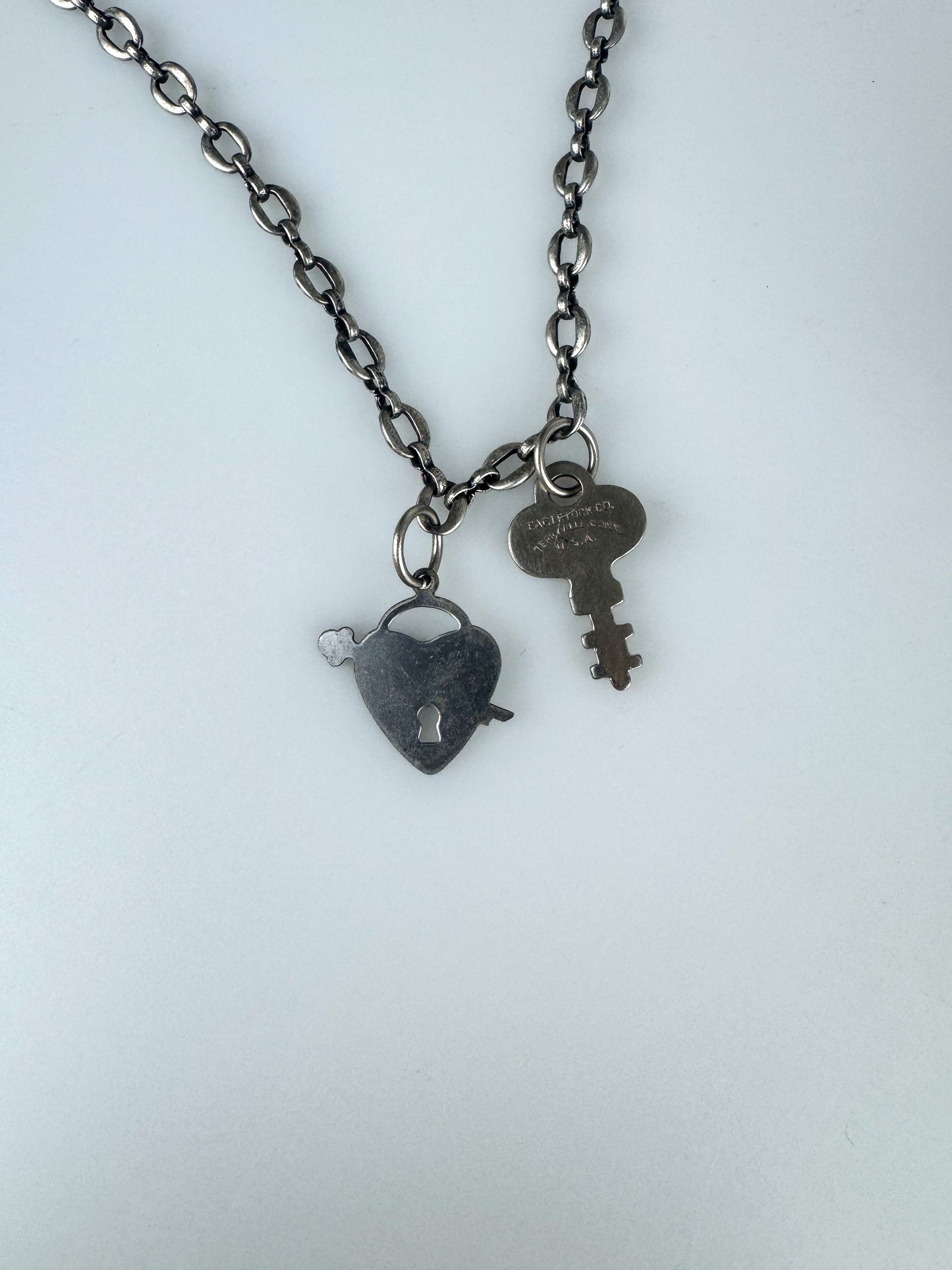 Heart Charm and Skeleton Key Necklace - Vintage Old Stock Antique Materials -  Collar Length 16" Silvertone Chain