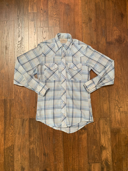 Vintage 1970s Mr. Leggs Pearl Snap Button Up Shirt - Light Blue Plaid - Small - Made In USA