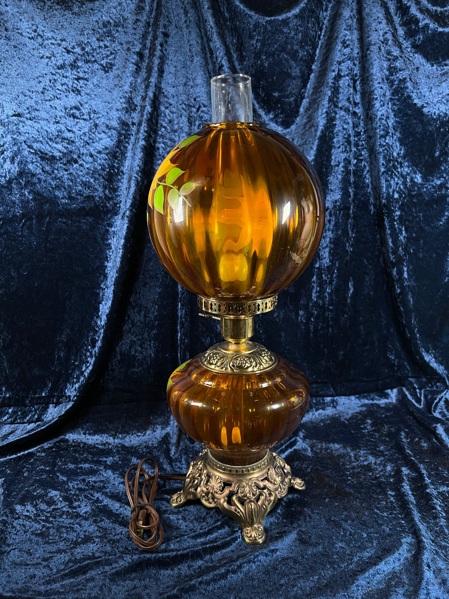 Vintage Amber Glass Parlor Lamp – Hand Painted Yellow Flowers Double Globe Hurricane Style