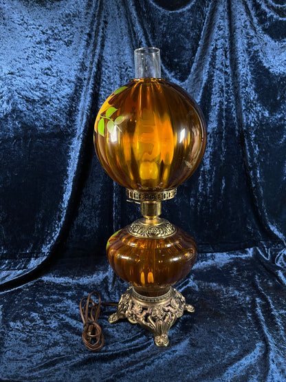 Vintage Amber Glass Parlor Lamp – Hand Painted Yellow Flowers Double Globe Hurricane Style